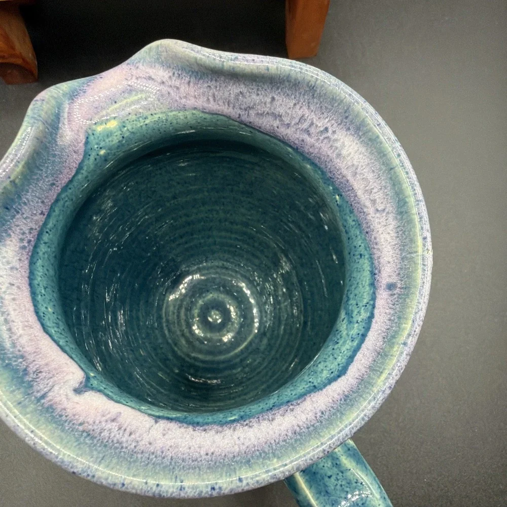 VTG Old Fort NC Pottery John Garrou Blue Pitcher Lavender Drip Glaze Hand Made